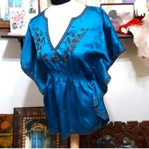 Womens dress Blouse Pullover shirt Teal brown coloration sz Sm Boho Asian Lady